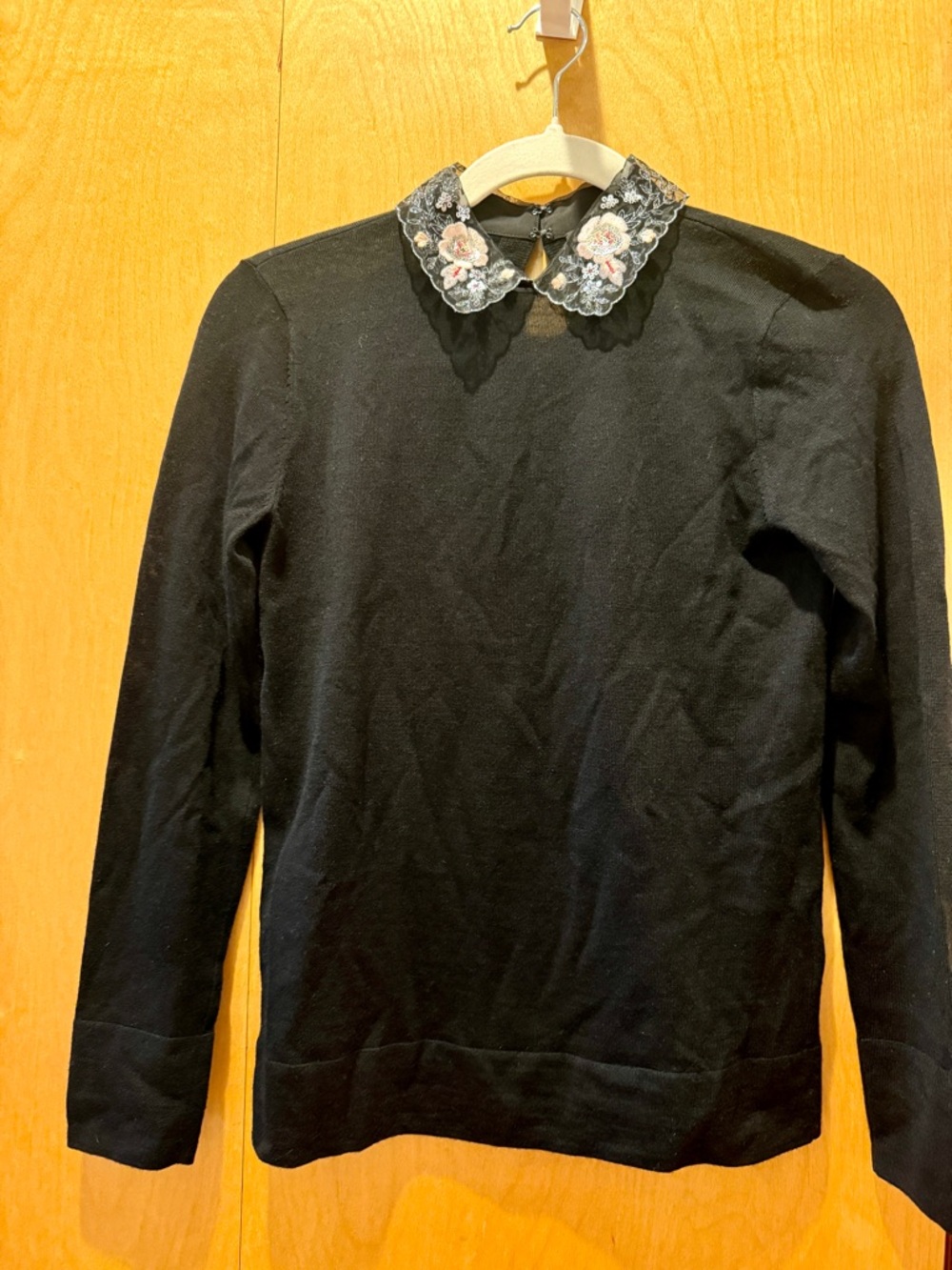 NWOT Club Monaco Black Sweater with Embroidered Lace Collar. Size XS